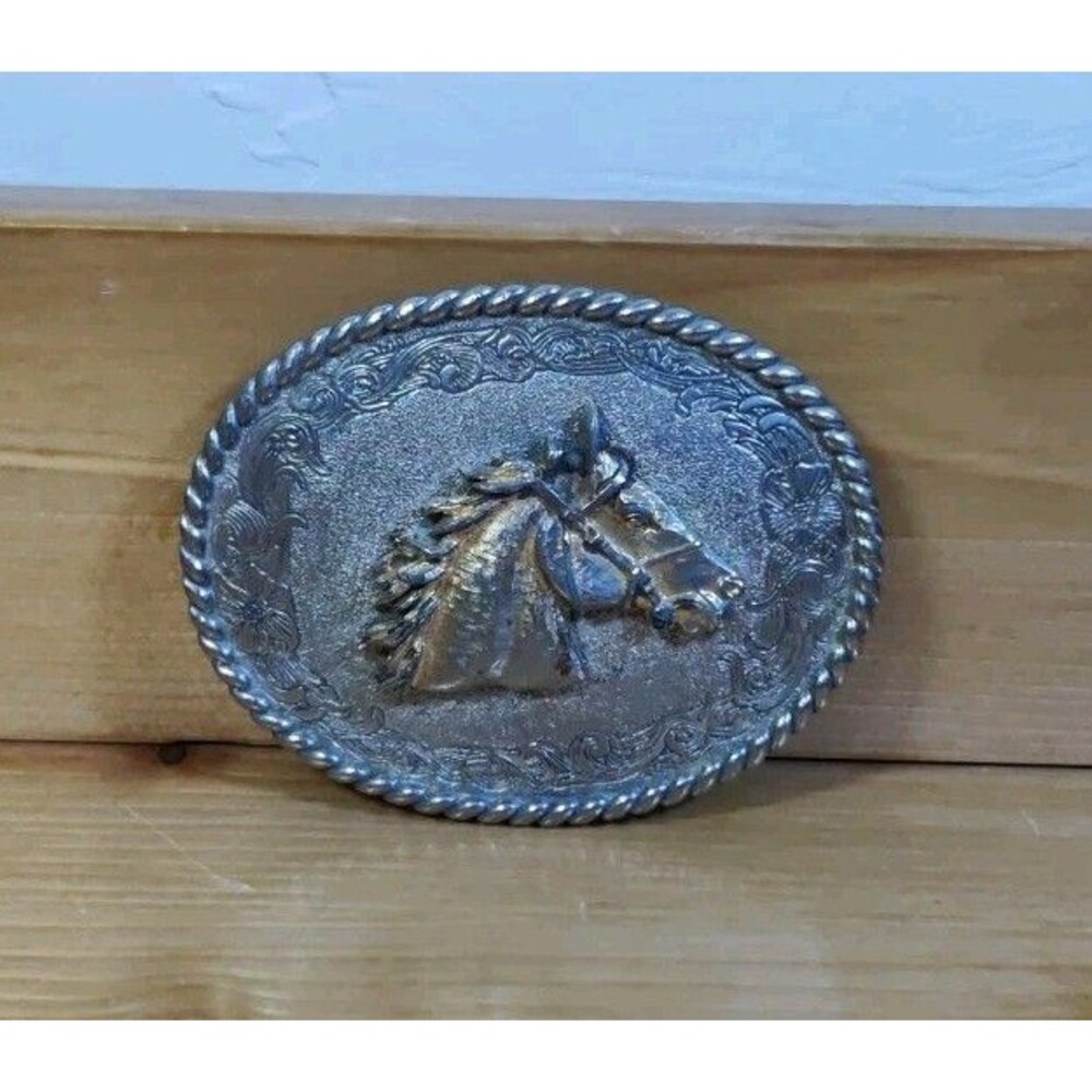 Vintage RAINTREE 1978 Oval Gold/Silver Color Belt Buckle Horse Head Rodeo SW ~4"